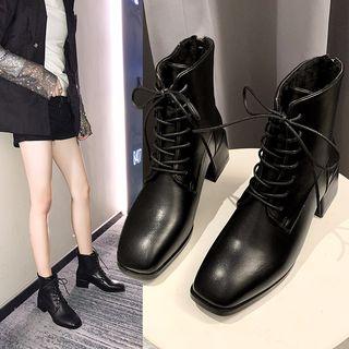 Faux Leather Square-toe Lace-up Short Boots