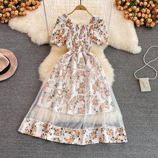 Puff Sleeve Mesh Panel Floral Print Dress