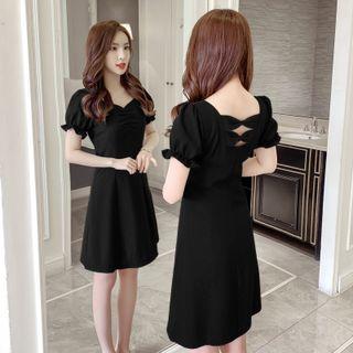 Puff-sleeve Plain Bow Back Dress
