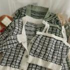 Set: Cropped Plaid Knit Top + Loose Cardigan