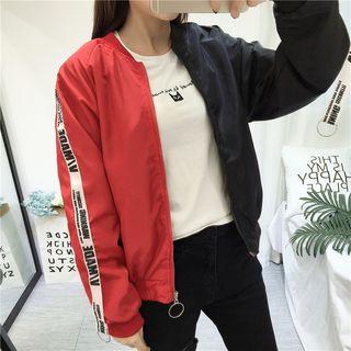 Color Block Lettering Strap Bomber Jacket