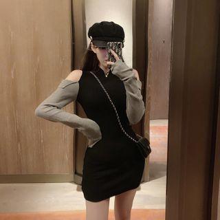Cold-shoulder Two-tone Mini Sheath Dress Black - One Size