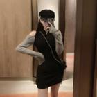 Cold-shoulder Two-tone Mini Sheath Dress Black - One Size