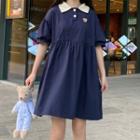 Short-sleeve Bear Embroidered Collared Mini A-line Dress