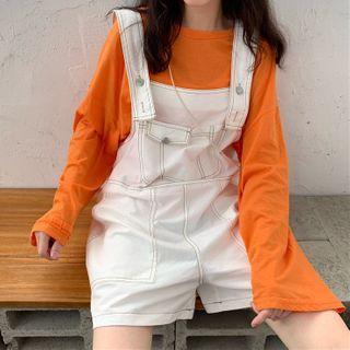 Plain Long-sleeve T-shirt / Contrast Stitching Wide-leg Jumper Shorts