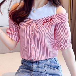 Short-sleeve Striped Paneled Blouse