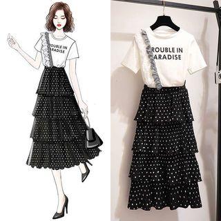 Set: Short-sleeve Lettering T-shirt + Midi Dotted Layered Skirt