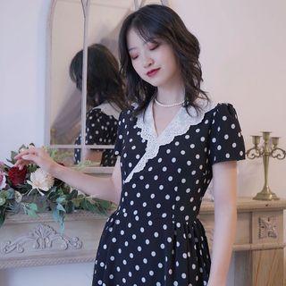 Short-sleeve Collared Polka Dot Chiffon Dress