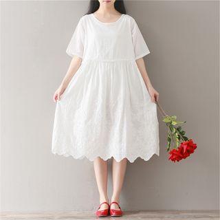 Embroidered Perforated Elbow Sleeve Dress