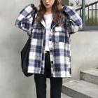 Oversized Hooded Plaid Shirt Jacket Blue & White - One Size