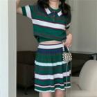 Set: Short-sleeve Striped Polo Shirt + Mini A-line Skirt Set Of 2 - Polo Shirt & Skirt - Stripes - Green & White - One Size