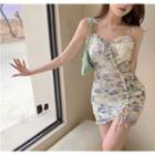 Sleeveless Ruched Flower Print Dress As Figure - One Size
