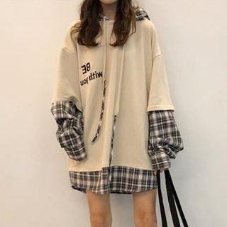 Mock Two-piece Plaid Panel Lettering Hoodie As Shown In Figure - One Size