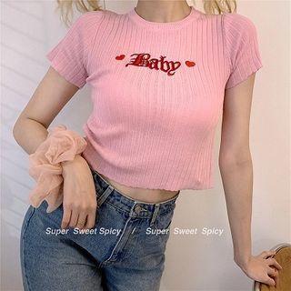 Short-sleeve Letter Embroidered Knit Crop Top
