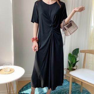 Short-sleeve Shirred Midi A-line T-shirt Dress
