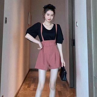 Set: Puff-sleeve Top + Suspender Wide-leg Shorts