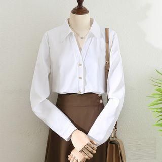 Long-sleeve V-neck Plain Fleece-lined Shirt