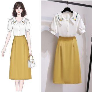 Short-sleeve Collared Blouse / Midi A-line Skirt / Set