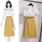 Short-sleeve Collared Blouse / Midi A-line Skirt / Set