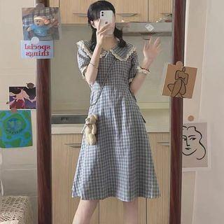 Lace Trim Plaid Midi A-line Dress
