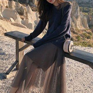 Set: Sweater + Long-sleeve Midi A-line Mesh Dress + Slipdress