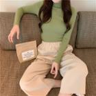 Mock-neck Plain Ribbed Long-sleeve Knit Top