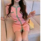 Contrast Trim Short-sleeve Button Knit Mini Sheath Dress Pink - One Size
