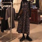 Spaghetti Strap Floral Print Midi A-line Dress Tangerine Flower - Navy Blue - One Size