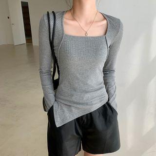 Long-sleeve Square-neck Plain Asymmetrical Top