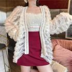 Long-sleeve Layered Mesh Cardigan / Plain Crochet Camisole / High-waist Plain Skirt