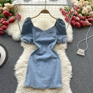 Plain Puff-sleeve Denim Dress