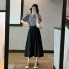 Puff-sleeve Plaid Top / Suspender Skirt