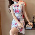 Short-sleeve Mesh Panel Mini Floral Qipao