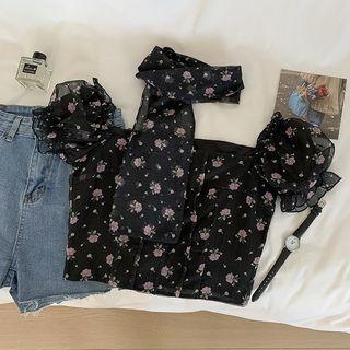 Set: Puff-sleeve Floral Crop Top + Scarf Pink Floral - Black - One Size