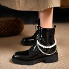 Block Heel Faux Pearl Chain Lace Up Short Boots