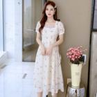 Puff-sleeve Square-neck Lace Panel Floral A-line Dress