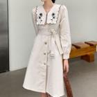 Embroidered Single-breasted Long-sleeve Trench Coat