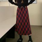 Argyle Midi Accordion Pleat Skirt Argyle - Red - One Size