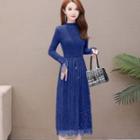 Long-sleeve Accordion-pleat Knit A-line Midi Dress