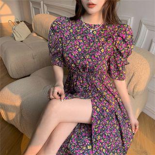 Puff-sleeve Floral Print Midi A-line Dress Floral Print - Purple - One Size
