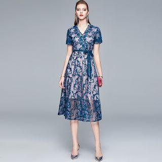 Short-sleeve Embroidered Mesh A-line Midi Cocktail Dress