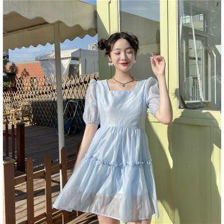 Square-neck Plain Mesh A-line Dress