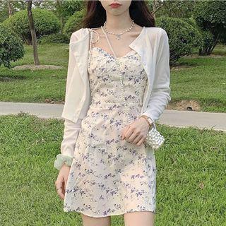 Tie-shoulder Floral Mini A-line Dress / Long-sleeve Light Cardigan