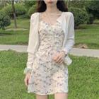 Tie-shoulder Floral Mini A-line Dress / Long-sleeve Light Cardigan