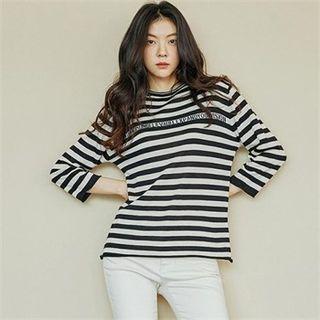 Letter Print Stripe Knit Top Black - One Size