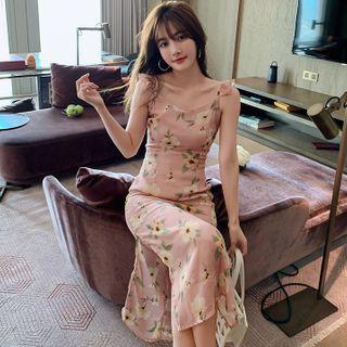 Floral Print Spaghetti-strap Midi Sheath Dress