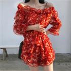 Off-shoulder 3/4-sleeve Print Dress Red - One Size