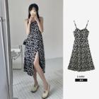 Spaghetti-strap Floral Print Midi A-line Dress / Plain Shirt