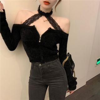 Lace Panel Cold-shoulder Knit Top Black - One Size