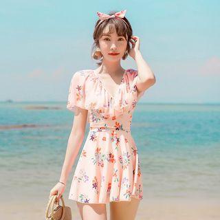 Short-sleeve Floral Print Ruffled Swimdress